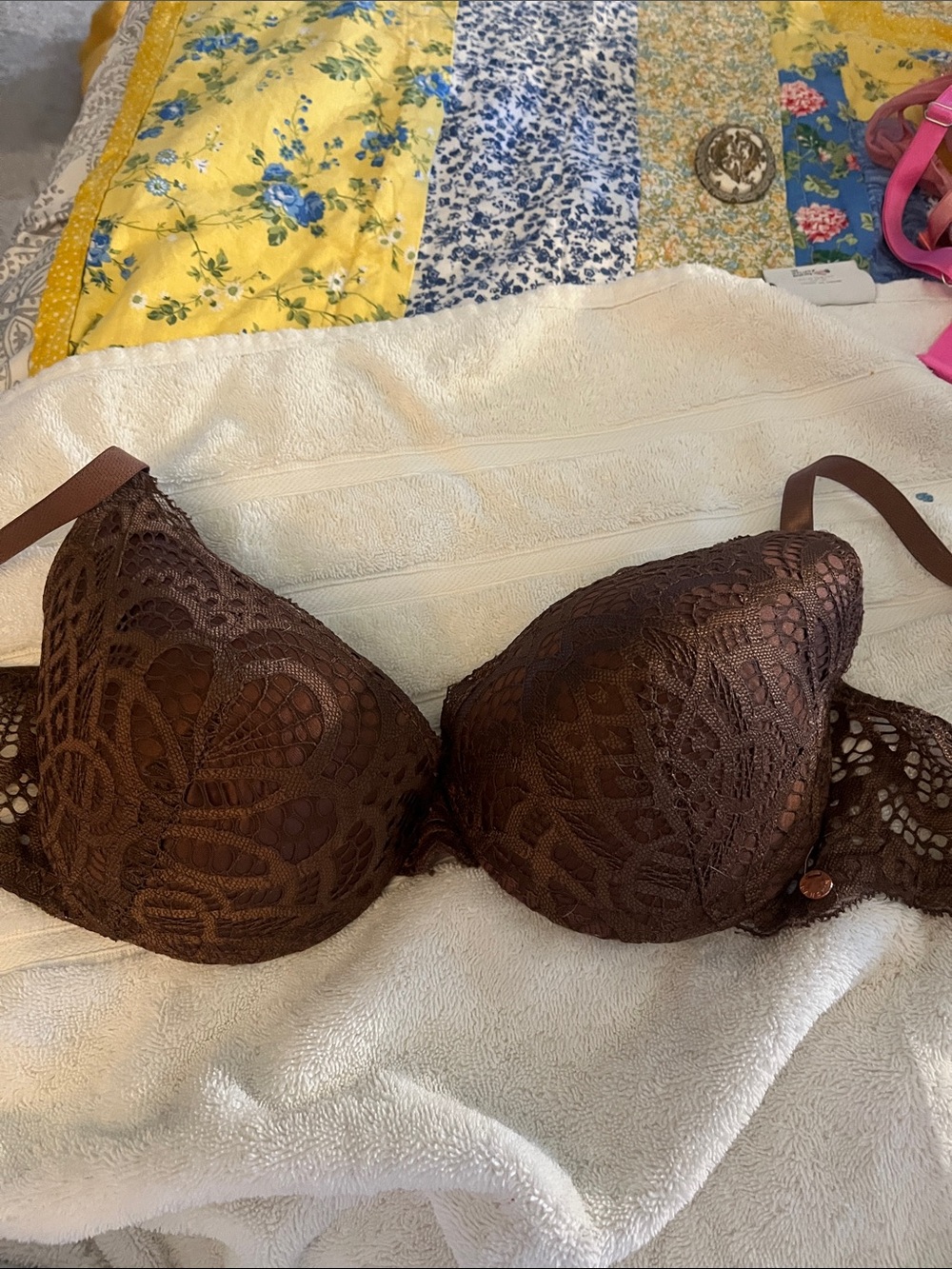 Danskin Brown Lace Contour Push Up Bra with Molded Cups